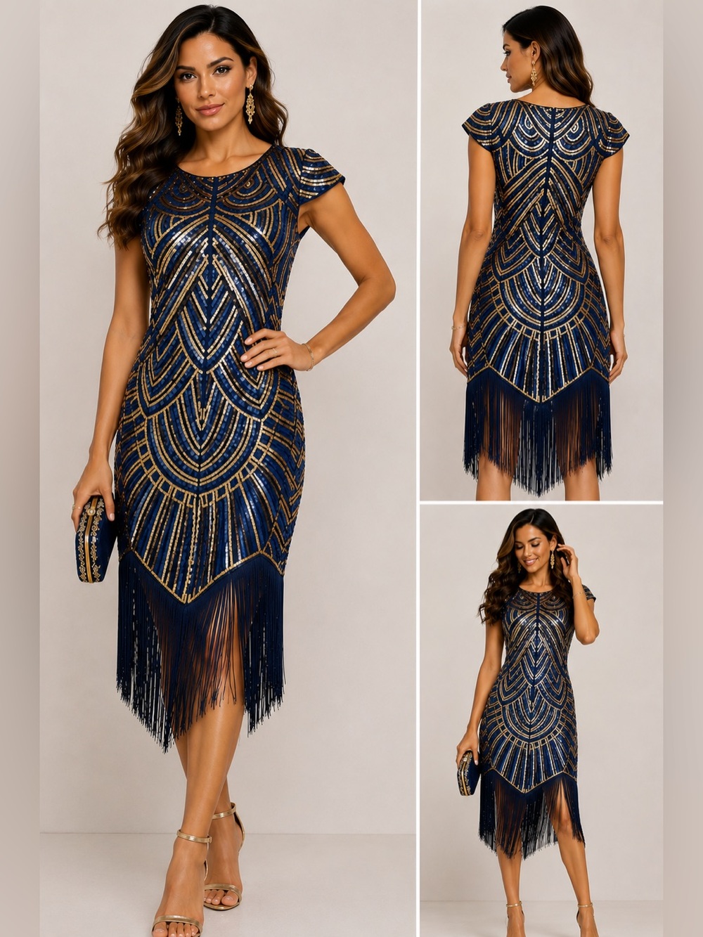 Fundaïsy Navy Gold Art Deco Sequin Fringe Dress XXL Gatsby Formal
